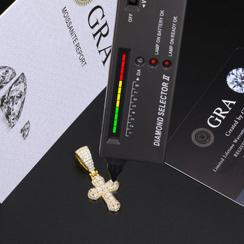 ASSCHER CUT MOISSANITE DIAMOND ICED OUT CROSS PENDANT IN STERLING SILVER - IVORY & EBONY