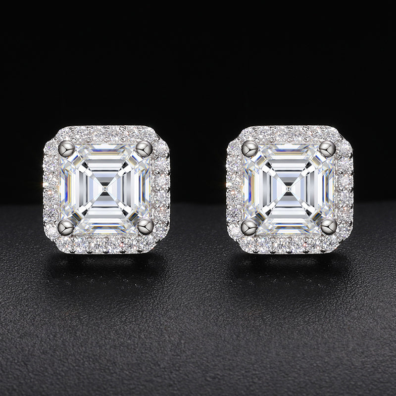 ASSCHER CUT MOISSANITE DIAMOND SQUARE STUD EARRINGS IN STERLING SILVER