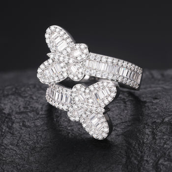 BAGUETTE MOISSANITE DIAMOND BUTTERFLY RING IN STERLING SILVER - IVORY & EBONY
