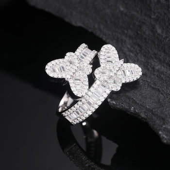 BAGUETTE MOISSANITE DIAMOND BUTTERFLY RING IN STERLING SILVER - IVORY & EBONY