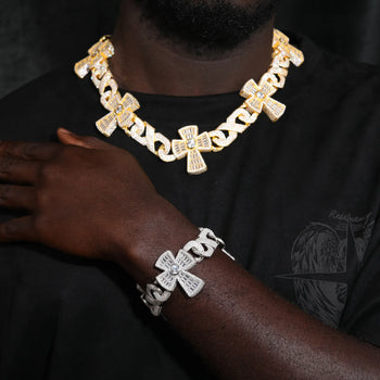 BAGUETTE MOISSANITE DIAMOND CROSS CHARM CUBAN LINK CHAIN NECKLACE OR BRACELET IN STERLING SILVER - IVORY & EBONY