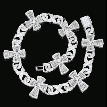 BAGUETTE MOISSANITE DIAMOND CROSS CHARM CUBAN LINK CHAIN NECKLACE OR BRACELET IN STERLING SILVER - IVORY & EBONY