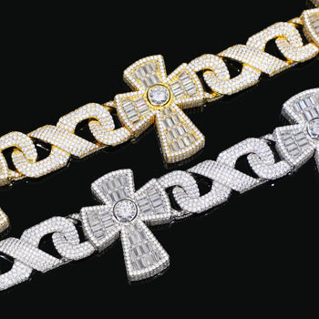 BAGUETTE MOISSANITE DIAMOND CROSS CHARM CUBAN LINK CHAIN NECKLACE OR BRACELET IN STERLING SILVER - IVORY & EBONY