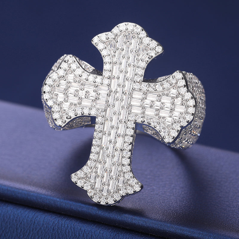 BAGUETTE MOISSANITE DIAMOND CROSS RING IN STERLING SILVER {STYLE 2}