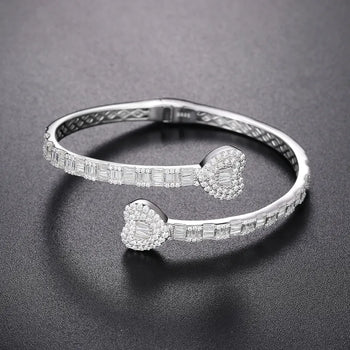 BAGUETTE MOISSANITE DIAMOND HEART CUFF BANGLE BRACELET IN STERLING SILVER - IVORY & EBONY