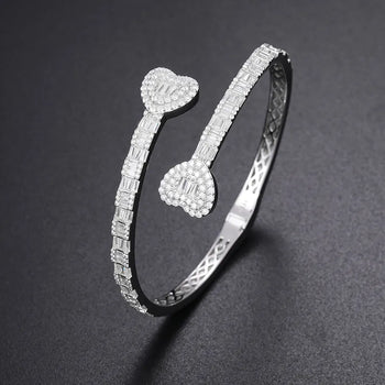 BAGUETTE MOISSANITE DIAMOND HEART CUFF BANGLE BRACELET IN STERLING SILVER - IVORY & EBONY
