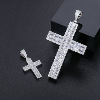 BAGUETTE MOISSANITE DIAMOND ICED OUT CROSS PENDANT IN STERLING SILVER - IVORY & EBONY