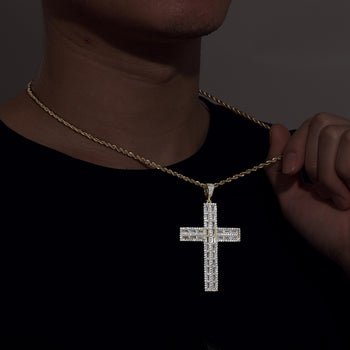 BAGUETTE MOISSANITE DIAMOND ICED OUT CROSS PENDANT IN STERLING SILVER - IVORY & EBONY