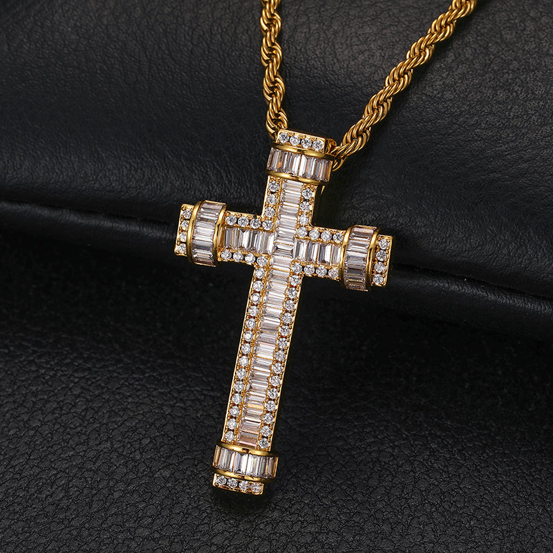 BAGUETTE RINGED MOISSANITE CROSS PENDANT IN STERLING SILVER