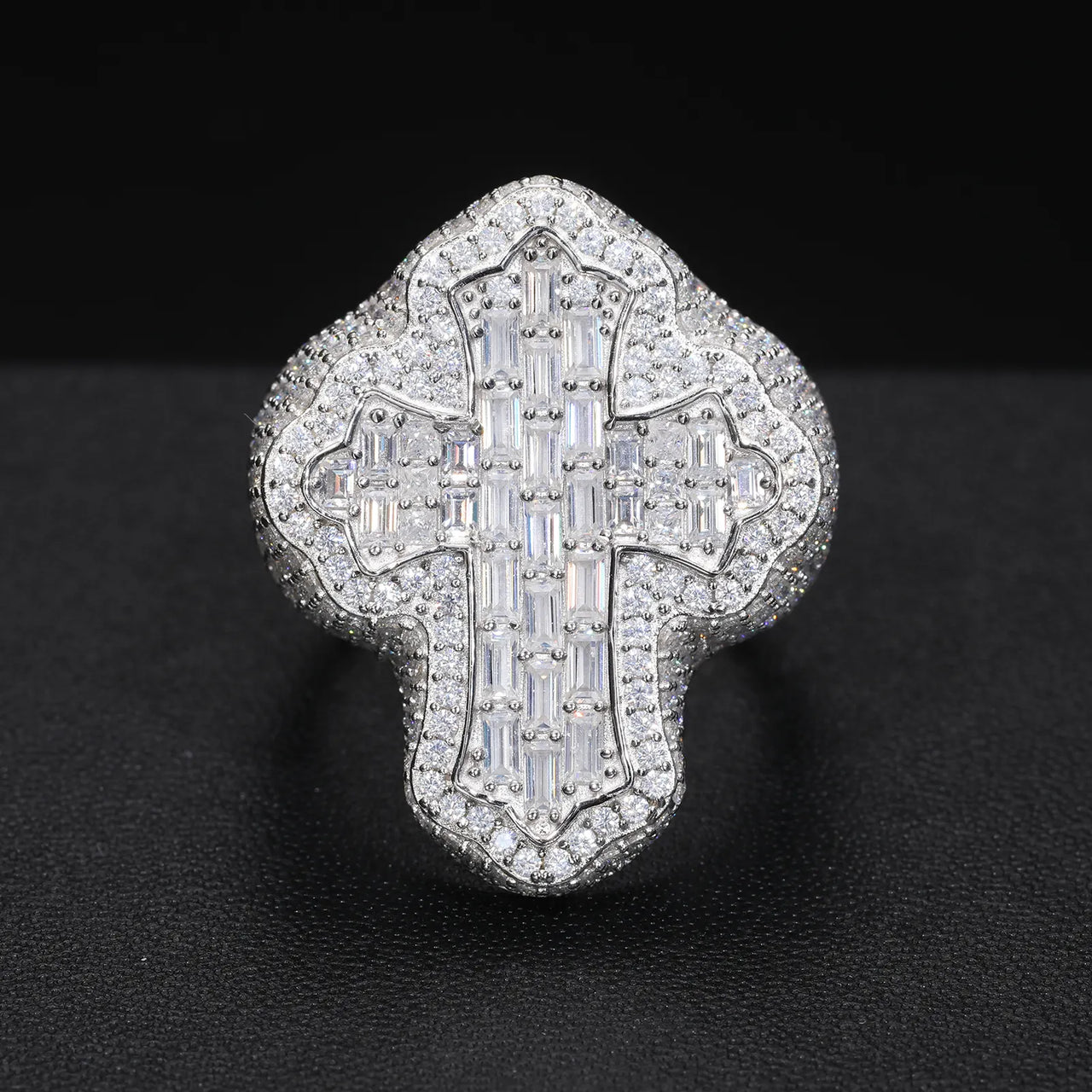 BAGUETTE MOISSANITE DIAMOND CROSS RING IN STERLING SILVER