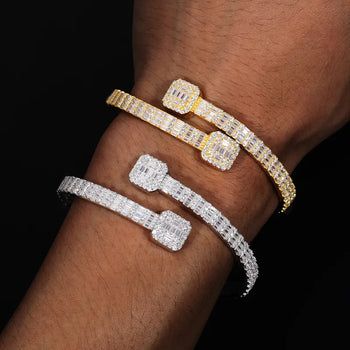 BAGUETTE MOISSANITE DIAMOND CUFF BANGLE BRACELET IN STERLING SILVER - IVORY & EBONY