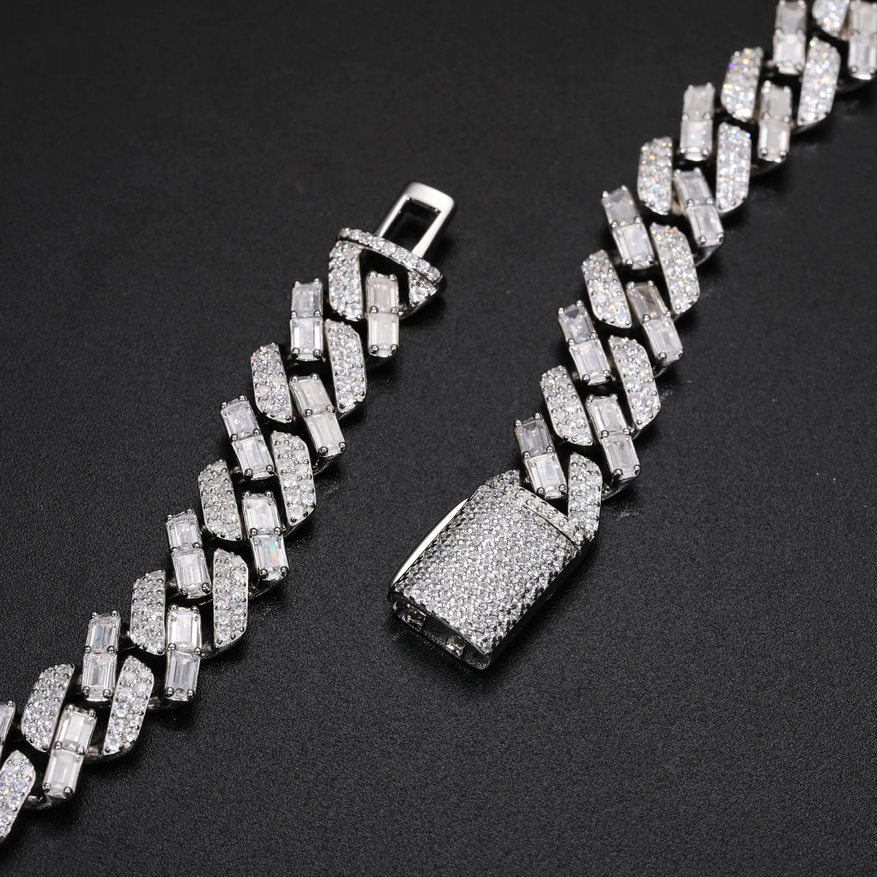 BAGUETTE MOISSANITE DIAMOND ICED OUT CUBAN LINK CHAIN NECKLACE OR BRACELET IN STERLING SILVER