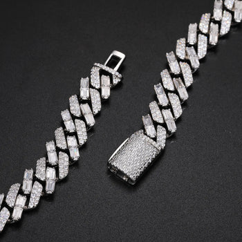 BAGUETTE MOISSANITE DIAMOND ICED OUT CUBAN LINK CHAIN NECKLACE OR BRACELET IN STERLING SILVER - IVORY & EBONY