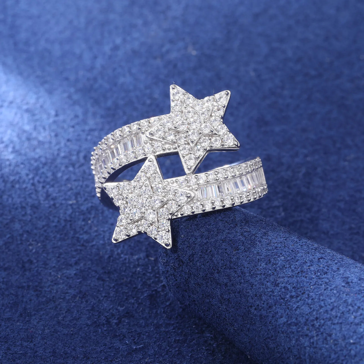 BAGUETTE MOISSANITE DIAMOND STAR RING IN STERLING SILVER