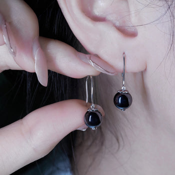 BLACK MOISSANITE BALL HOOP EARRING IN SOLID WHITE GOLD