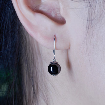 BLACK MOISSANITE BALL HOOP EARRING IN SOLID WHITE GOLD