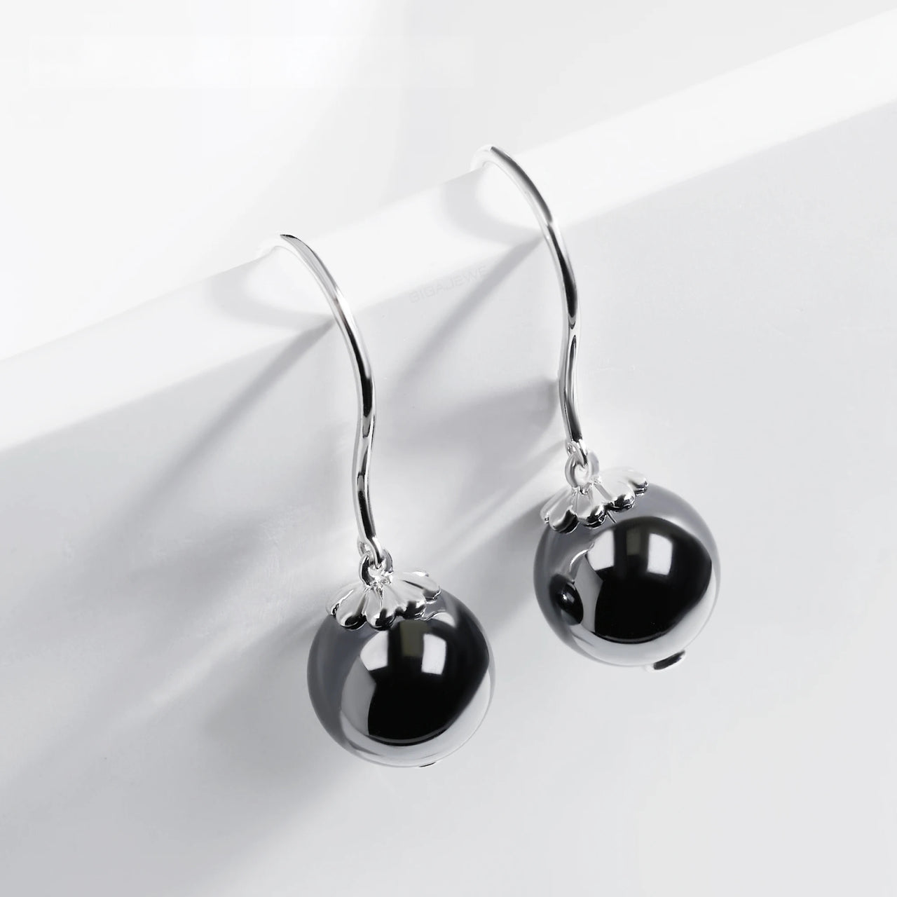 BLACK MOISSANITE BALL HOOP EARRING IN SOLID WHITE GOLD