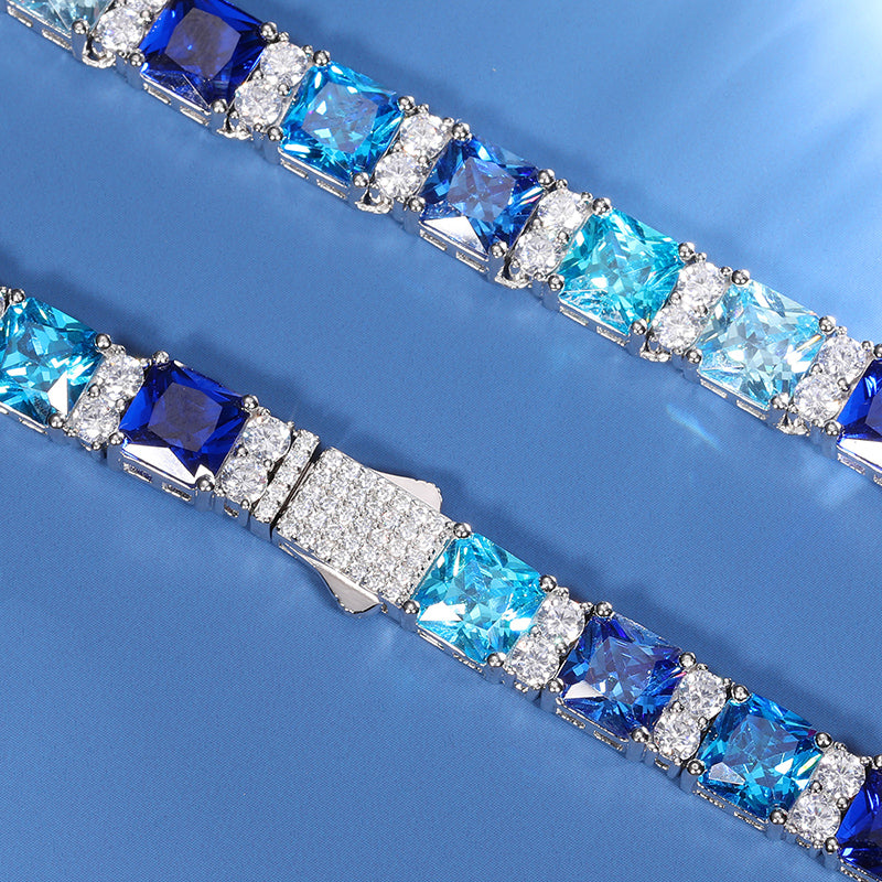 BLUE CZ MOISSANITE DIAMOND CLUSTER TENNIS CHAIN IN STERLING SILVER