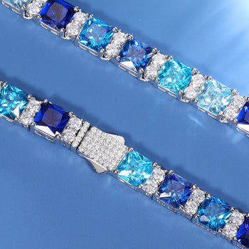 BLUE CZ MOISSANITE DIAMOND CLUSTER TENNIS CHAIN IN STERLING SILVER