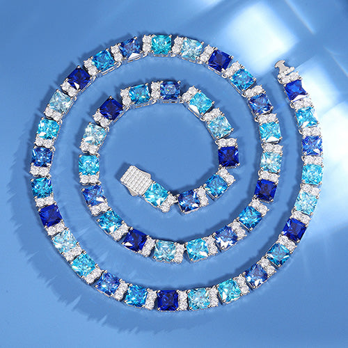 BLUE CZ MOISSANITE DIAMOND CLUSTER TENNIS CHAIN IN STERLING SILVER