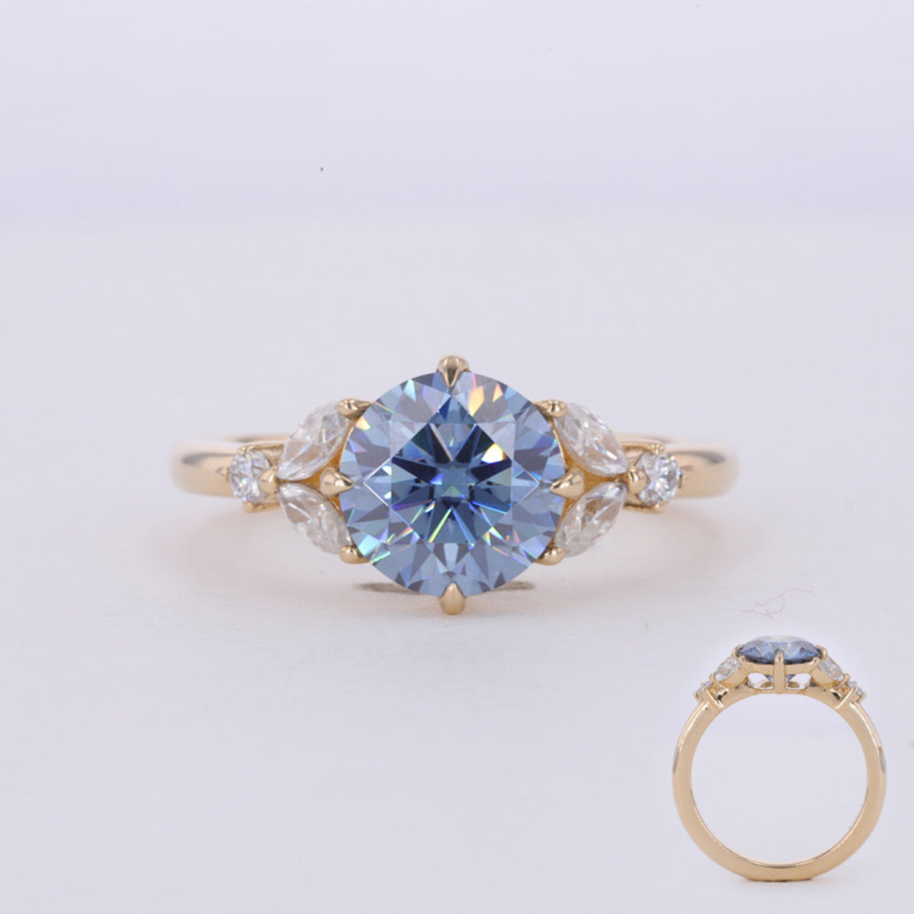 BLUE-GREY ROUND CUT MOISSANITE DIAMOND RING IN 10K SOLID GOLD