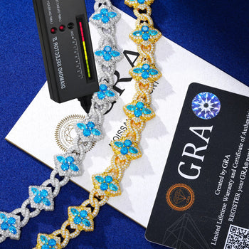 Decorative bracelet with blue stones on a white box, with a diamond detector and GRA card in the background.
