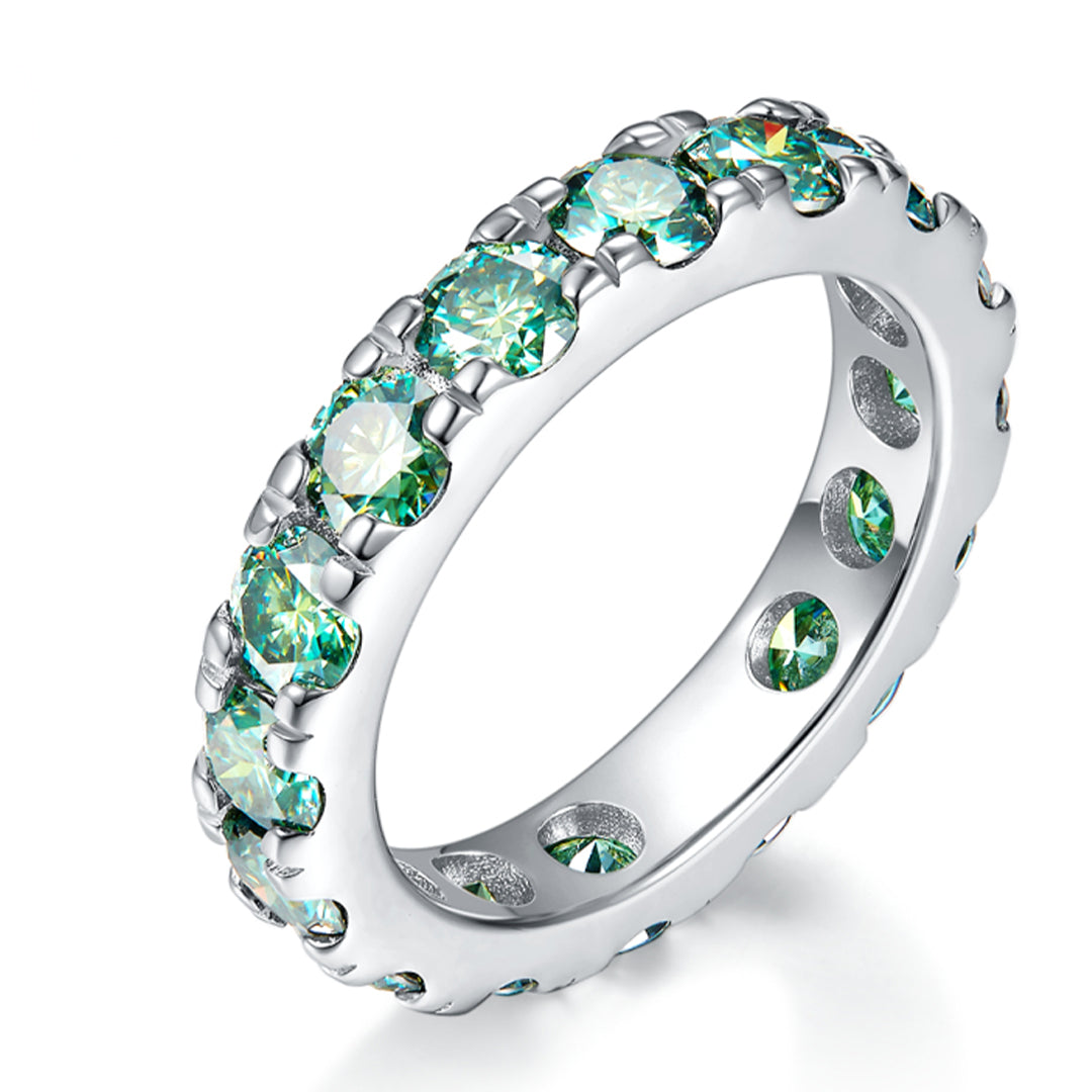 GREEN ROUND MOISSANITE ETERNITY BAND RING IN STERLING SILVER