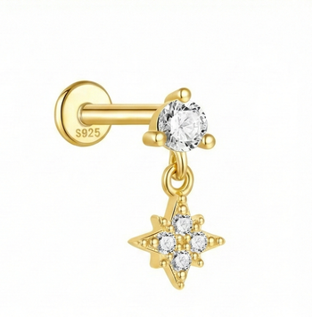 Gold earring with star-shaped design and clear gemstone on a white background