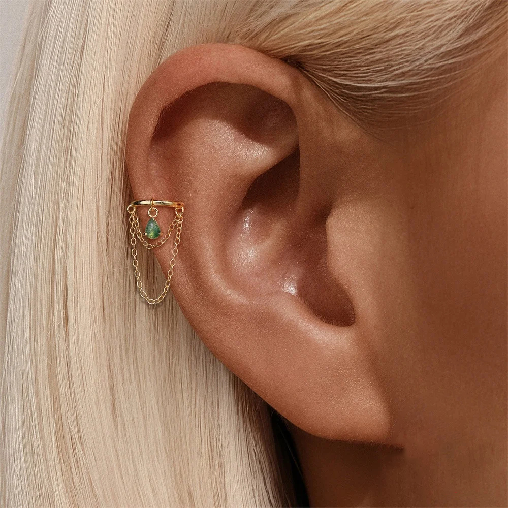 MOSS AGATE CHAIN TASSEL EAR CUFF IN STERLING SILVER