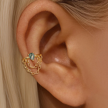 MOSS AGATE CHAIN TASSEL EAR CUFF IN STERLING SILVER