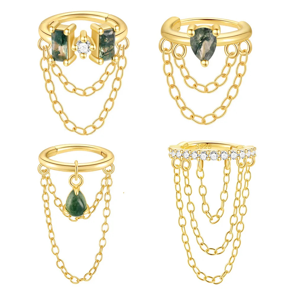 MOSS AGATE CHAIN TASSEL EAR CUFF IN STERLING SILVER