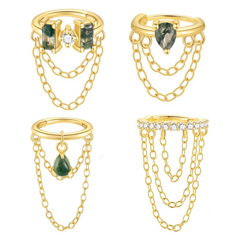 MOSS AGATE CHAIN TASSEL EAR CUFF IN STERLING SILVER