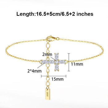 Gold bracelet with cross charm and diamond details, featuring product specifications on a white background.