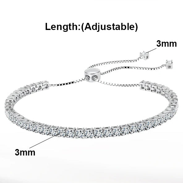 Silver bracelet with diamond accents on a white background, featuring product details