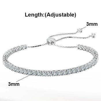 Silver bracelet with diamond accents on a white background, featuring product details