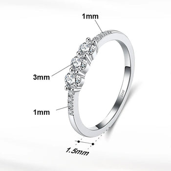 Silver ring with diamond accents and product details on a white background