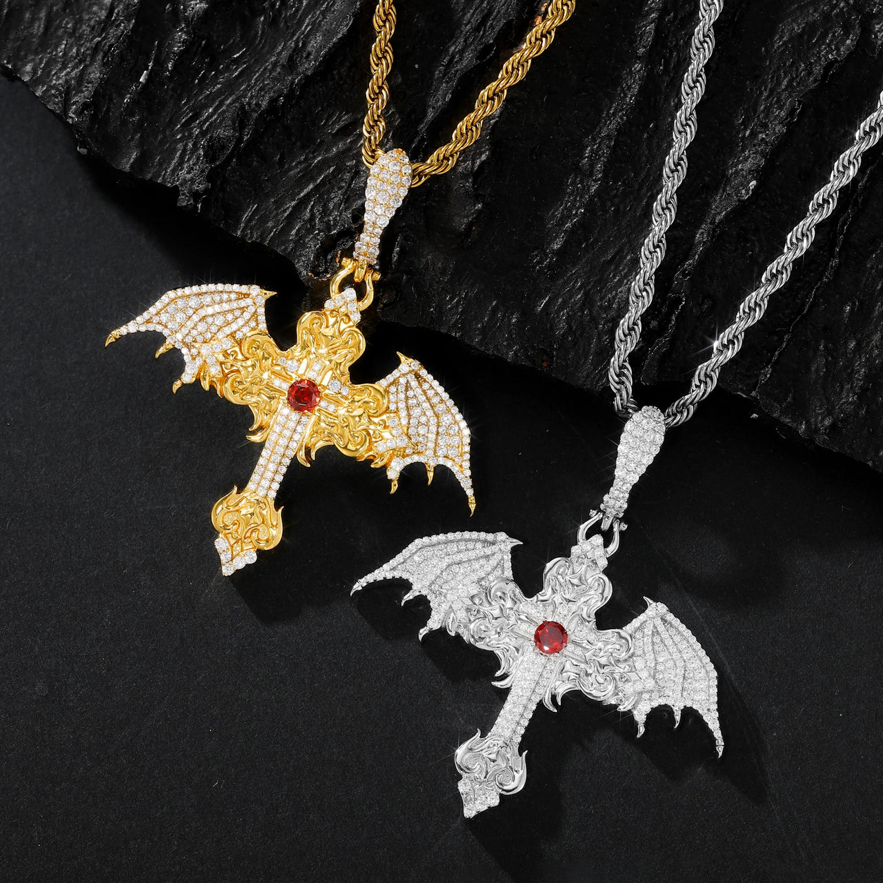 CRIMSON DOMINION WINGED CROSS MOISSANITE PENDANT IN STERLING SILVER