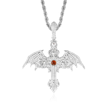 CRIMSON DOMINION WINGED CROSS MOISSANITE PENDANT IN STERLING SILVER