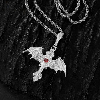 CRIMSON DOMINION WINGED CROSS MOISSANITE PENDANT IN STERLING SILVER