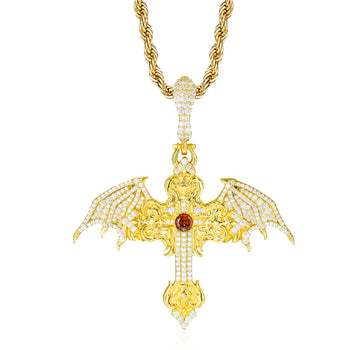 CRIMSON DOMINION WINGED CROSS MOISSANITE PENDANT IN STERLING SILVER