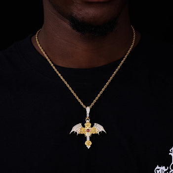 CRIMSON DOMINION WINGED CROSS MOISSANITE PENDANT IN STERLING SILVER