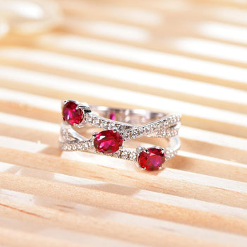 CROSS GEOMETRIC OVAL CUT RUBY RING IN STERLING SILVER