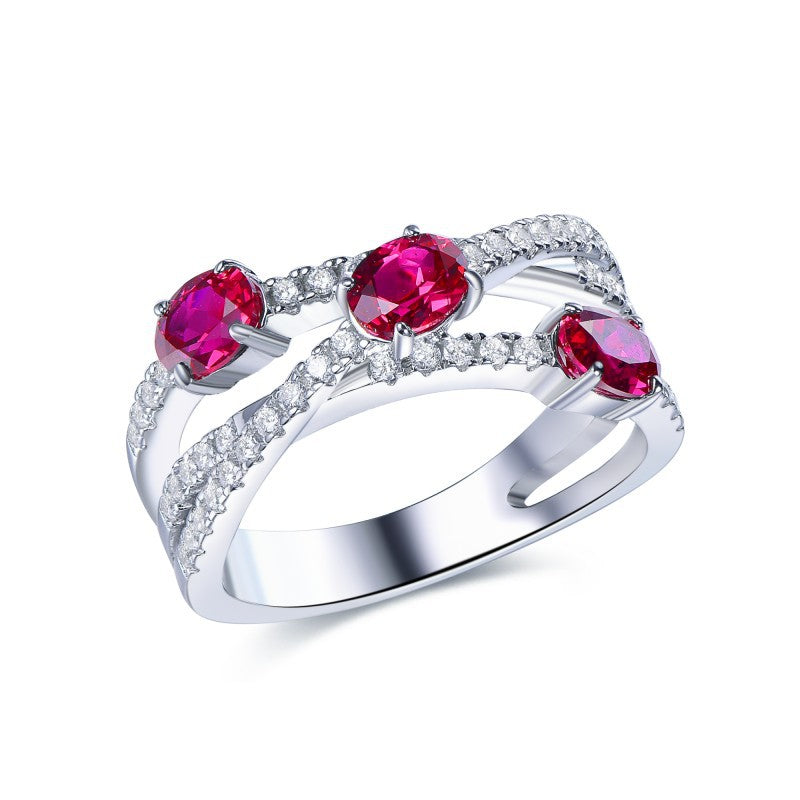 CROSS GEOMETRIC OVAL CUT RUBY RING IN STERLING SILVER