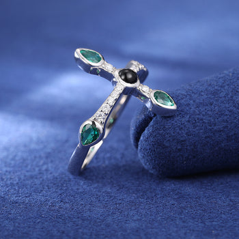 Bague en argent sterling ornée d'une moissanite en forme de croix et d'un diamant, avec zircone verte.