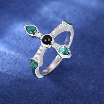Bague en argent sterling ornée d'une moissanite en forme de croix et d'un diamant, avec zircone verte.