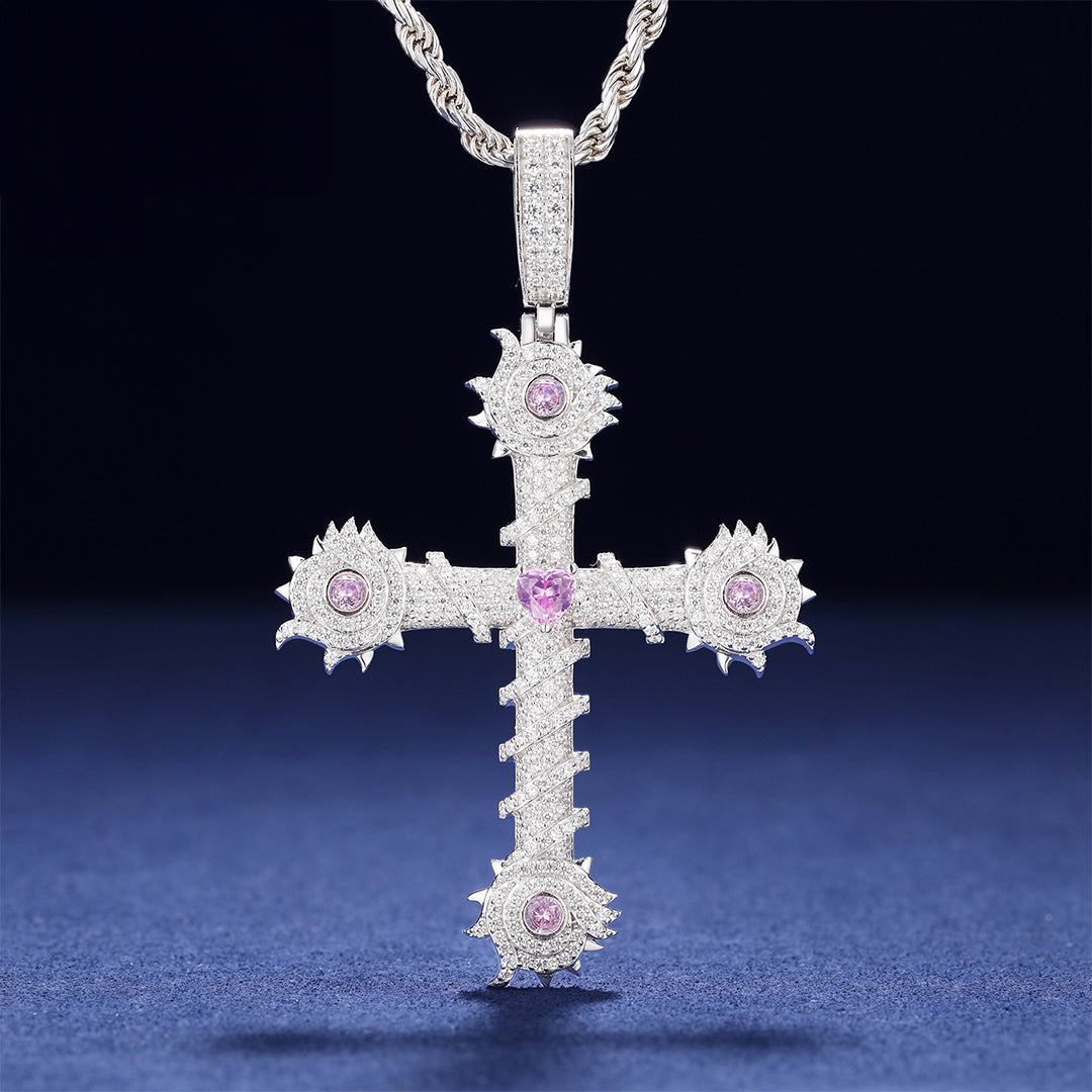 CROSS MOISSANITE THORN PINK CZ PENDANT IN STERLING SILVER