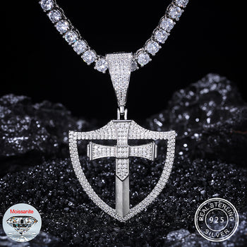 MOISSANITE DIAMOND CROSS SHIELD PENDANT IN STERLING SILVER - IVORY & EBONY