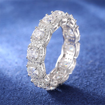 CUSHION CUT MOISSANITE DIAMOND HALO TENNIS ETERNITY RING IN STERLING SILVER - IVORY & EBONY
