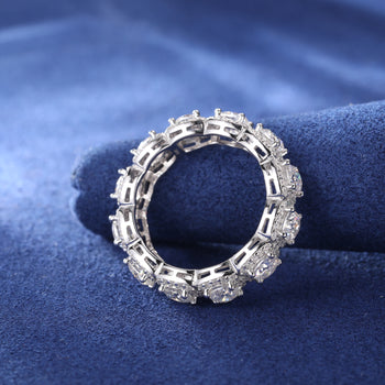 CUSHION CUT MOISSANITE DIAMOND HALO TENNIS ETERNITY RING IN STERLING SILVER - IVORY & EBONY