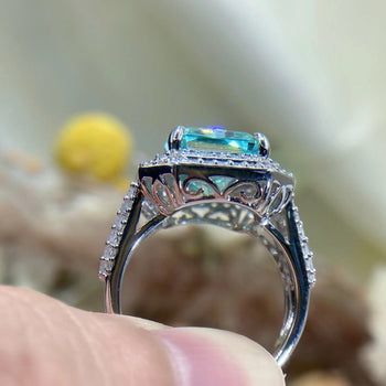 CYAN RADIANT CUT MOISSANITE ENGAGEMENT RING IN STERLING SILVER